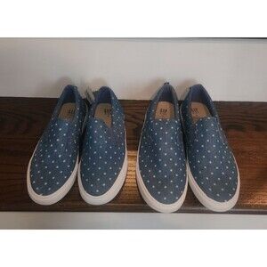NEW 2 Pairs GAP Kids Girls Slip-on Sneakers Blue Denim Polka Dot Print-5 & 3